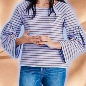Madewell ‘Shirred-Sleeve Sailor Top’ in “Fragile Periwinkle” Stripe Size XS